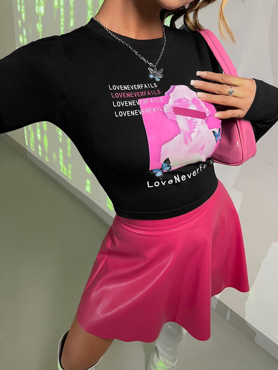SHEIN ICON 人物和標語圖案T恤 - 黑色 - 查看 1