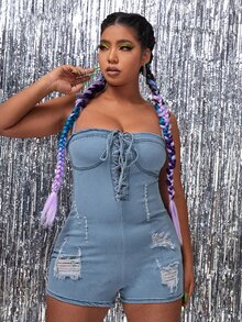 Mono overol mezclilla desgarro con ojal con cordón - Lavado ligero - Ver 4