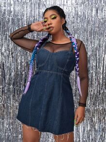 Plus Raw Hem Zipper Denim Dress Without Top - Dark Wash - View 1