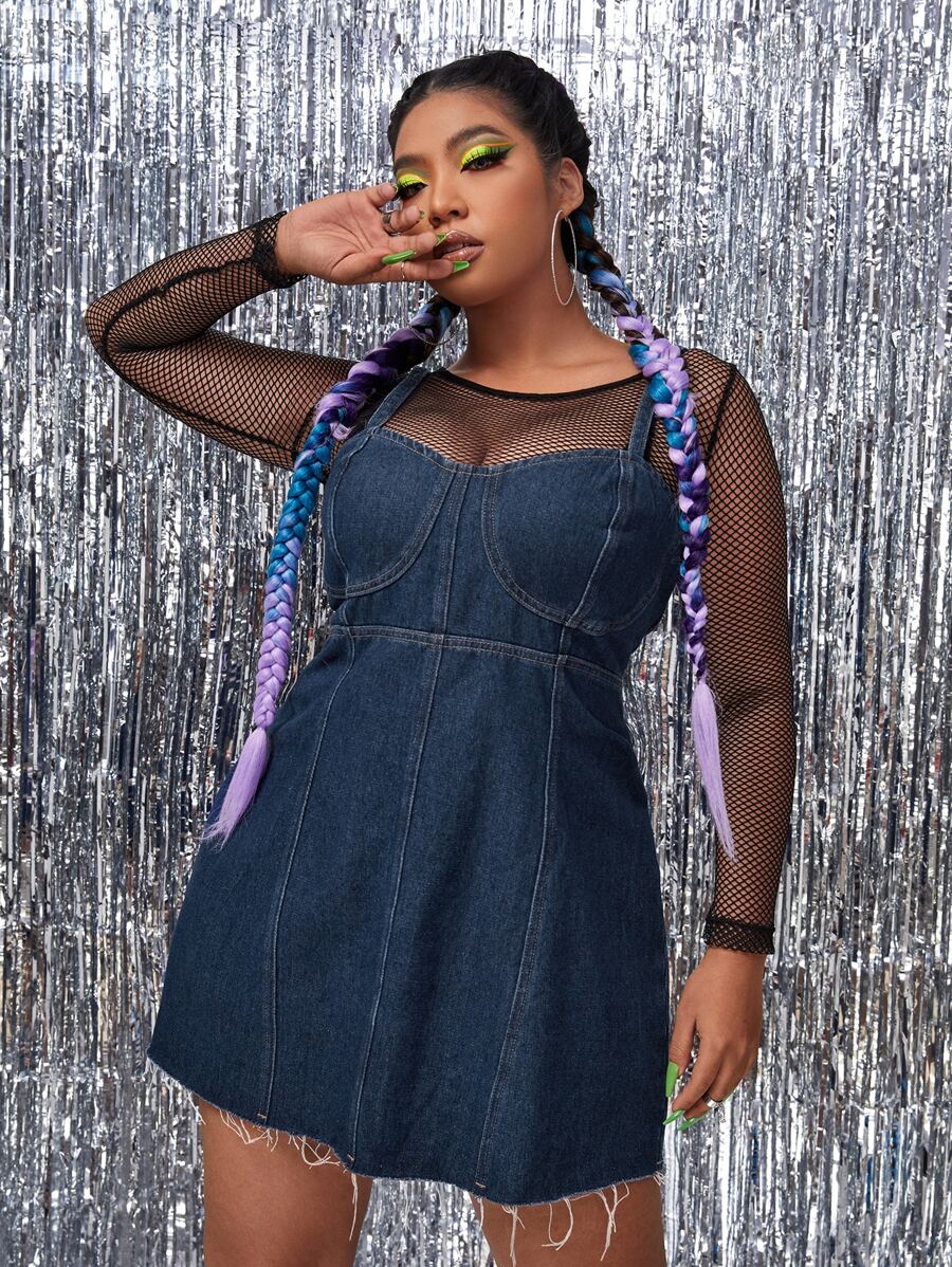 Plus Raw Hem Zipper Denim Dress Without Top - Dark Wash - View 1