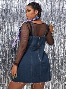 Plus Raw Hem Zipper Denim Dress Without Top - Dark Wash - View 2
