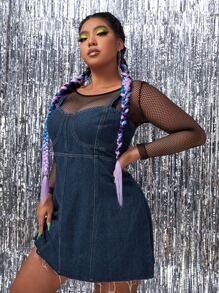 Plus Raw Hem Zipper Denim Dress Without Top - Dark Wash - View 3