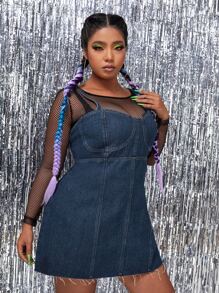 Plus Raw Hem Zipper Denim Dress Without Top - Dark Wash - View 4