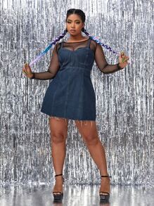 Plus Raw Hem Zipper Denim Dress Without Top - Dark Wash - View 5