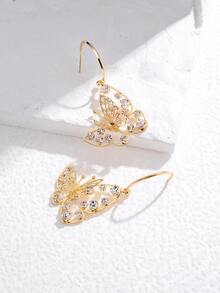 14K鍍金方晶鋯石裝飾蝴蝶耳墜 - 金黃色 - 查看 2