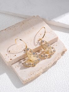 14K鍍金方晶鋯石裝飾蝴蝶耳墜 - 金黃色 - 查看 3
