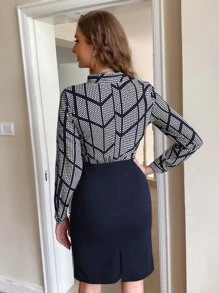 SHEIN Clasi 波卡圓點和幾何拼塊領結連衣裙 - 彩色 - 查看 2