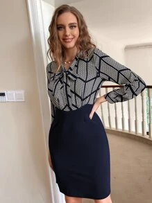 SHEIN Clasi 波卡圓點和幾何拼塊領結連衣裙 - 彩色 - 查看 4