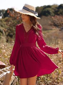 水溶蕾絲拼接燈籠袖連衣裙 - 玫瑰紅 - 查看 1