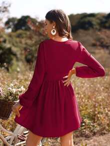 水溶蕾絲拼接燈籠袖連衣裙 - 玫瑰紅 - 查看 2