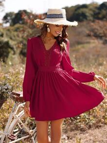 水溶蕾絲拼接燈籠袖連衣裙 - 玫瑰紅 - 查看 5