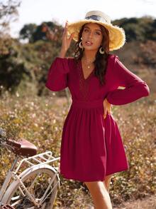 水溶蕾絲拼接燈籠袖連衣裙 - 玫瑰紅 - 查看 7