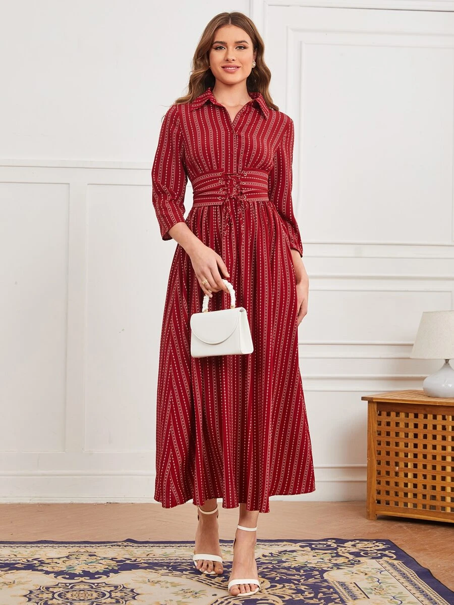 SHEIN Mulvari Burgundy Red Polka Dot And Striped Print Lace Up Waist