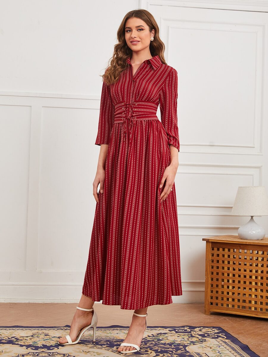 SHEIN Mulvari Burgundy Red Polka Dot And Striped Print Lace Up Waist
