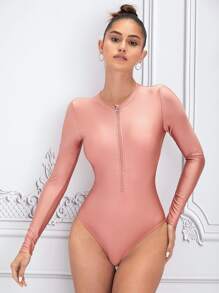 Zipper Front One Piece Swimsuit - Pink - View 1
