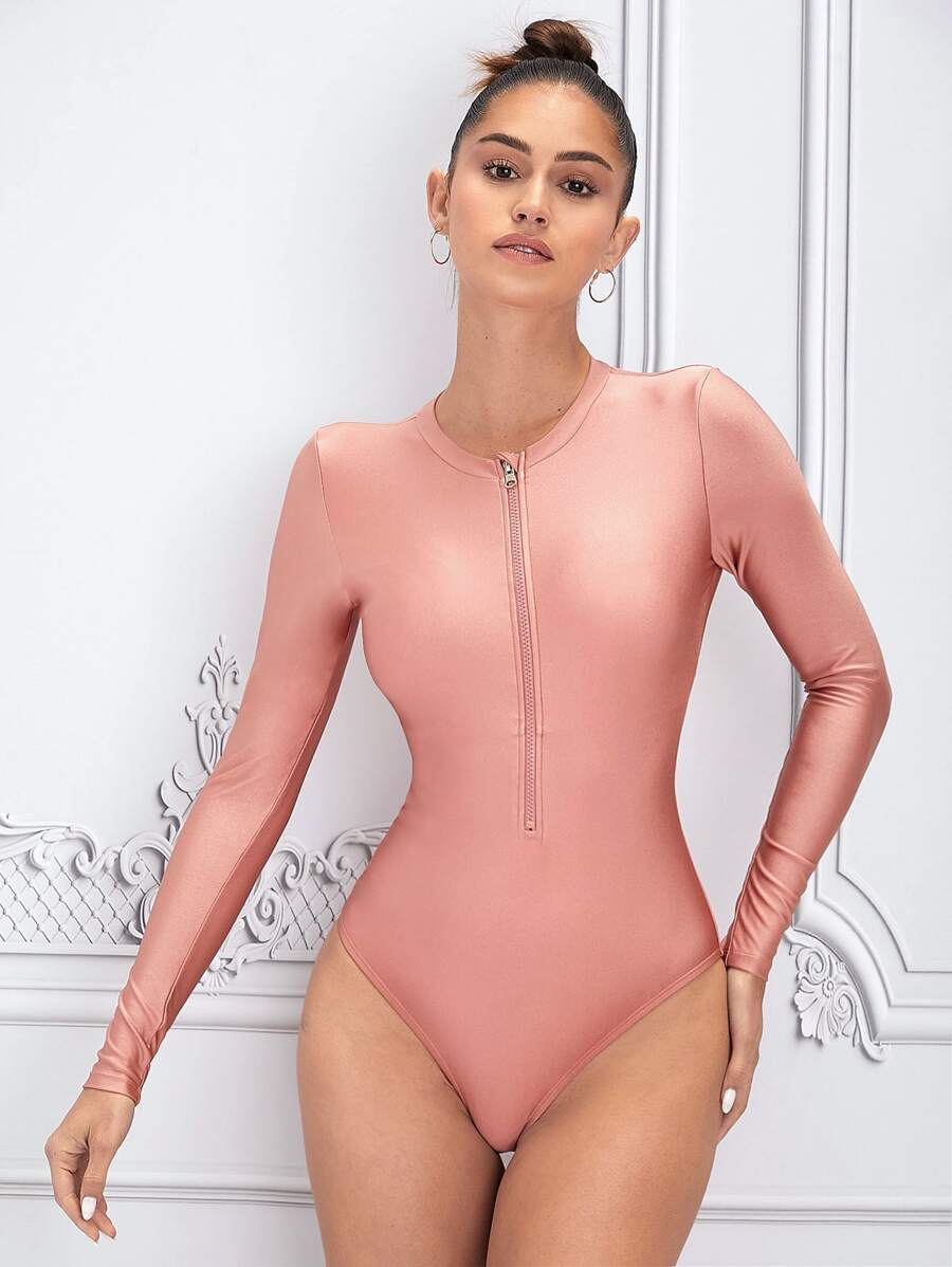 Zipper Front One Piece Swimsuit - Pink - View 1