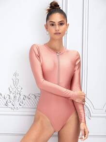 Zipper Front One Piece Swimsuit - Pink - View 4