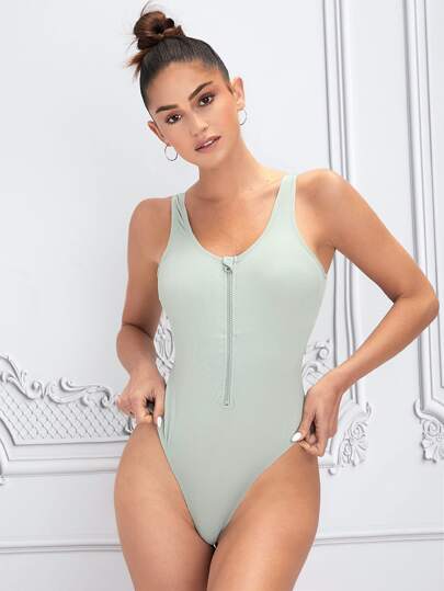 Plain Zipper Front One Piece Swimsuit Summer