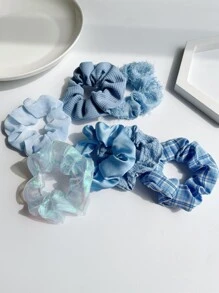 7pcs Plaid Print Scrunchie Casual,School Scrunchies Hair Ties Scrunchy Hair Ties ,Hair Accessories Ponytail Head Accessories Elastic Band - Blue - View 3