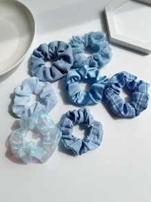 7pcs Plaid Print Scrunchie Casual,School Scrunchies Hair Ties Scrunchy Hair Ties ,Hair Accessories Ponytail Head Accessories Elastic Band - Blue - View 4