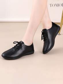Zapatos Oxford Minimalistas Con Cordones, Zapatos Individuales Simples Y Elegantes De Estilo Campus Para Mujer En Color Negro