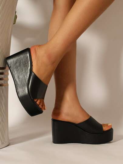 Women Black Minimalist Wedge Slide Sandals, Open Toe Sandals For Daily