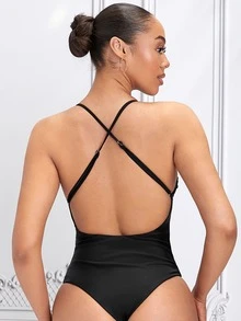 露背交叉连体泳衣，适合夏季海滩度假 - 黑與白 - 查看 2