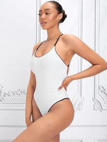 露背交叉连体泳衣，适合夏季海滩度假 - 黑與白 - 查看 3