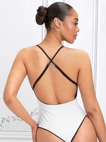 露背交叉连体泳衣，适合夏季海滩度假 - 黑與白 - 查看 4