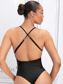 露背交叉连体泳衣，适合夏季海滩度假 - 黑與白 - 查看 6