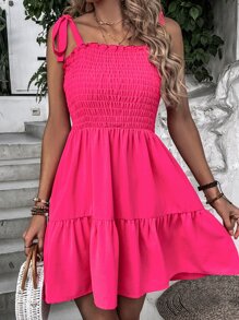 Breezaya Vestido de tirantes de hombros con cordón con fruncido bajo con fruncido - Rosa Fucsia - Ver 5
