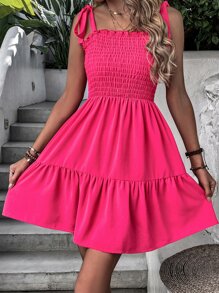 Breezaya Vestido de tirantes de hombros con cordón con fruncido bajo con fruncido - Rosa Fucsia - Ver 6