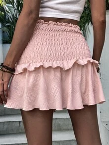 Váy nữ Viên lá sen phân lớp Dải chun Quần paper-bag màu trơn Boho - Màu Hồng baby - Xem 2