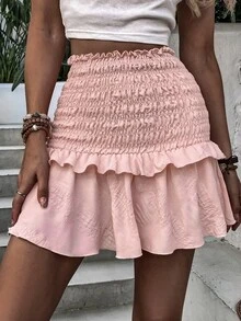 Váy nữ Viên lá sen phân lớp Dải chun Quần paper-bag màu trơn Boho - Màu Hồng baby - Xem 6