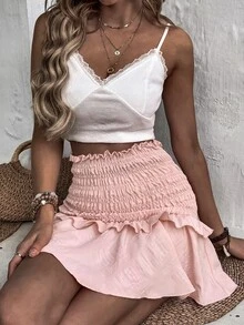 Váy nữ Viên lá sen phân lớp Dải chun Quần paper-bag màu trơn Boho - Màu Hồng baby - Xem 7