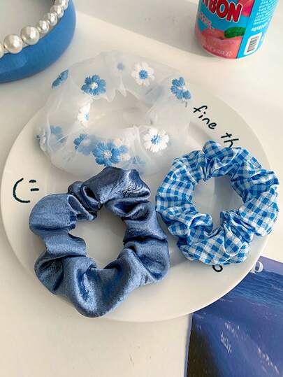 خاتم الشعر وردي & أزرق بطباعة مربعات غنغهام & نمط زهر 3قطعات/طقم