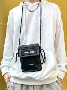 Men Letter Graphic Flap Square Bag - Black - View 2
