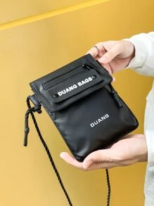 Men Letter Graphic Flap Square Bag - Black - View 3