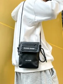 Men Letter Graphic Flap Square Bag - Black - View 4