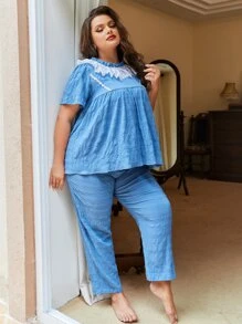 SHEIN Plus Contrast Lace PJ Set - Blue - View 2