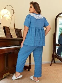 SHEIN Plus Contrast Lace PJ Set - Blue - View 3