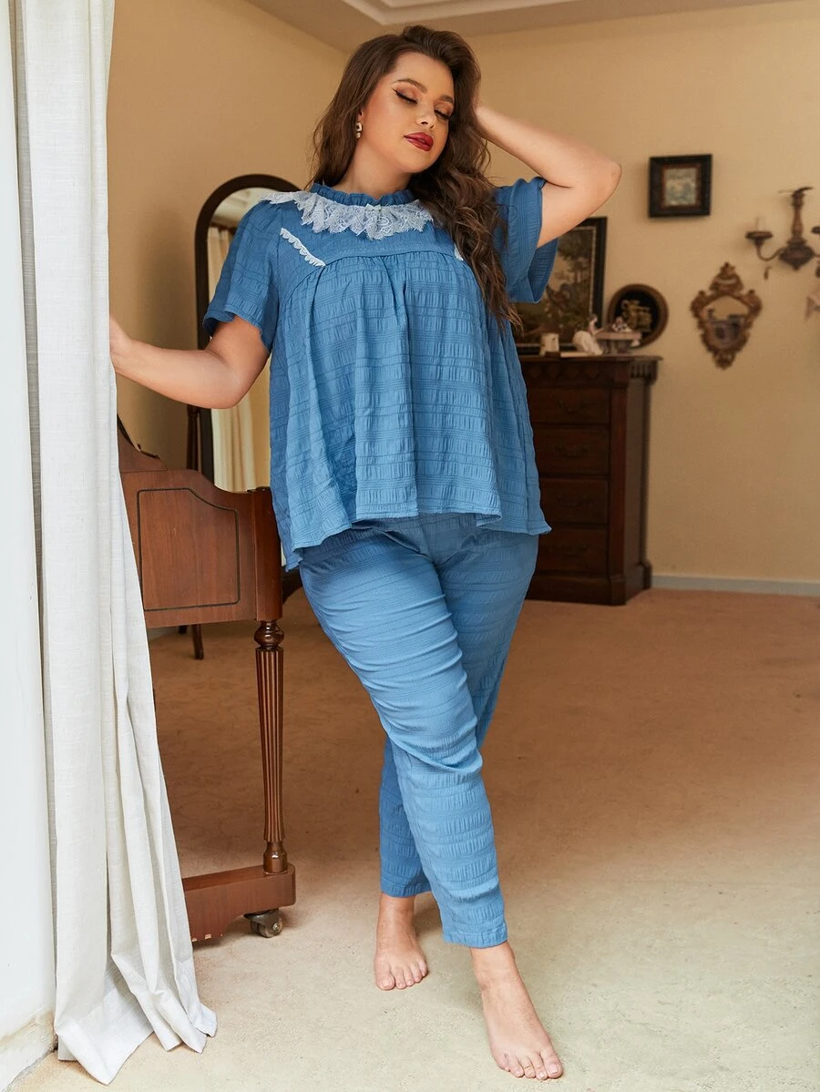 SHEIN Plus Contrast Lace PJ Set - Blue - View 1
