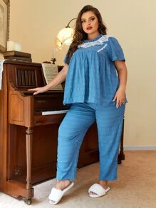 SHEIN Plus Contrast Lace PJ Set - Blue - View 4