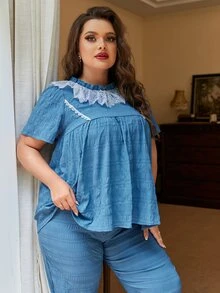 SHEIN Plus Contrast Lace PJ Set - Blue - View 5