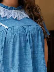 SHEIN Plus Contrast Lace PJ Set - Blue - View 6