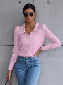 SHEIN Privé Vertical Striped Puff Sleeve Shirt - Pink - View 4