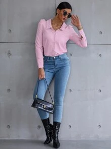 SHEIN Privé Vertical Striped Puff Sleeve Shirt - Pink - View 5