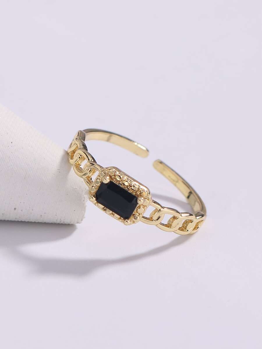 方晶鋯石裝飾開口戒指 - 金黃色 - 查看 1