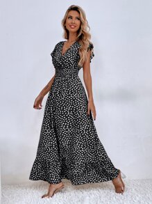 Breezaya Allover Print Ruffle Trim Shirred Waist Dress - Black and White - View 4