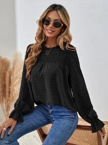 SHEIN LUNE Women Blouses Tie Back Shirred Plain Boho - Hitam - View 1
